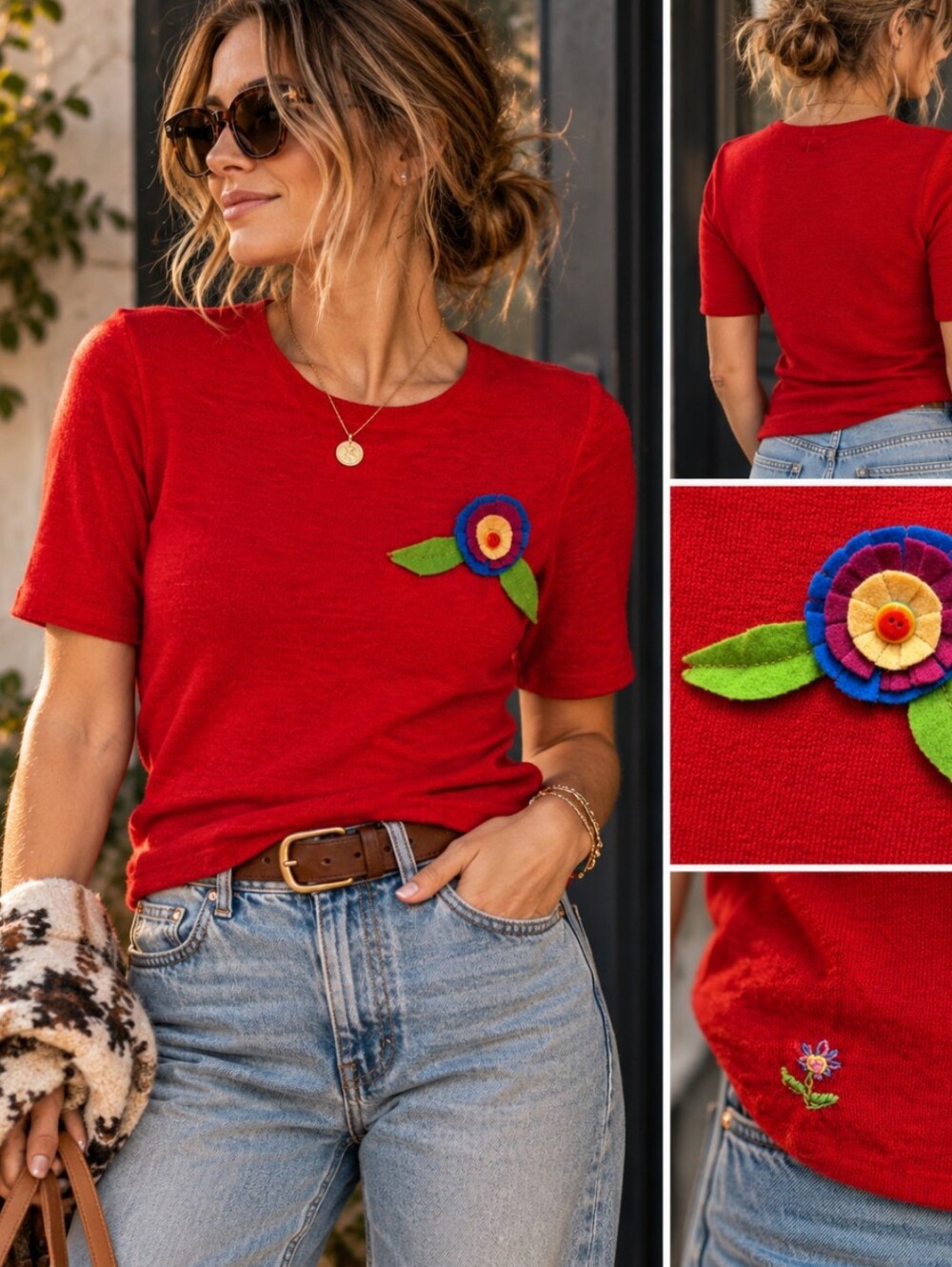 Stizzoli Red Fitted Embellished Short Sleeve Tee 100% Lana Wool- Women's Small